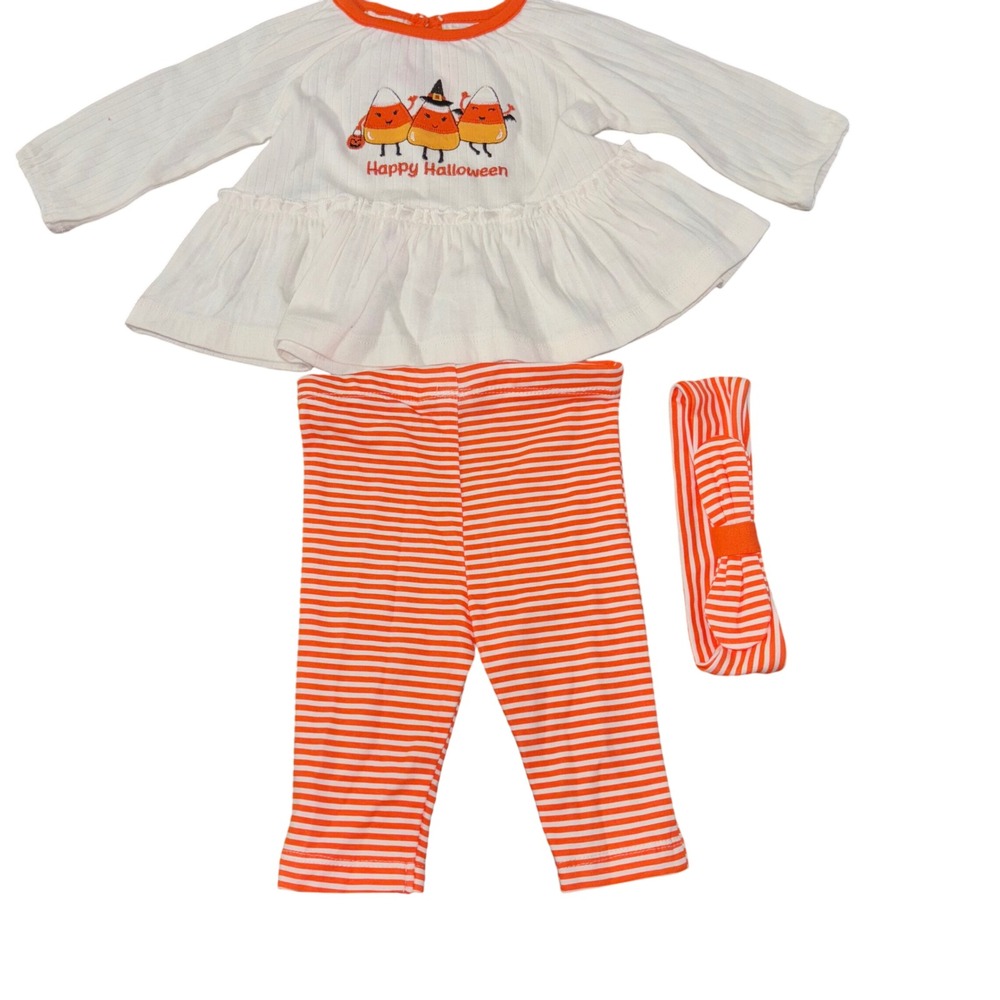 Little Me Baby Girl Halloween Outfit 3M 100% Cotton Candy Corn Leggings Headband